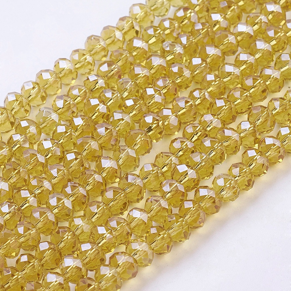 PandaHall Glass Beads Strands, Pearl Luster Plated, Crystal Suncatcher, Faceted Rondelle, Goldenrod, 6x4mm, Hole: 1mm; about 100pcs/strand...