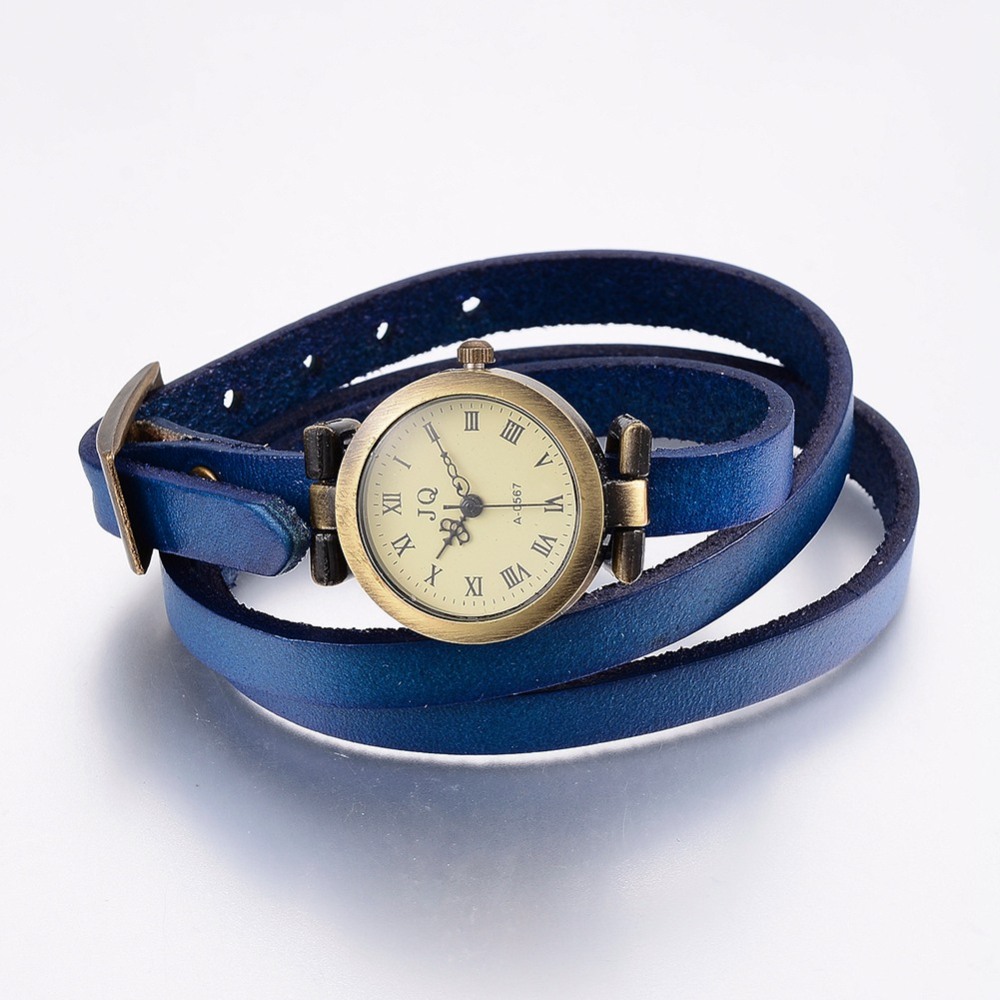 PandaHall Fashion Triple Wrap Leather Watch Bracelets, with Alloy Watch Components, Antique Bronze, MidnightBlue, 610~620x9x6mm Leather Blue
