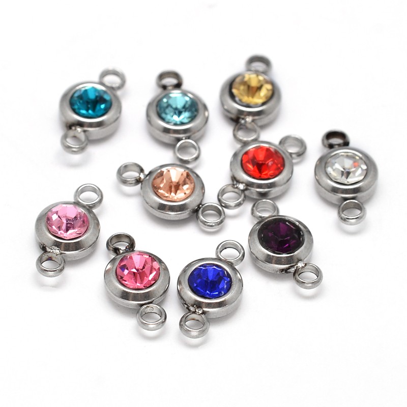 PandaHall Flat Round 304 Stainless Steel Cubic Zirconia Links, Stainless Steel Color, Mixed Color, 12x6.5x4mm, Hole: 2mm Cubic Zirconia Flat...