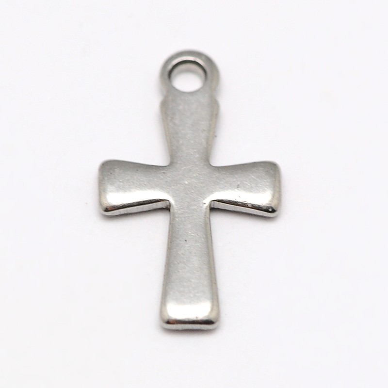 PandaHall Stainless Steel Cross Charms, Stainless Steel Color, 12x7x1mm, Hole: 1mm Stainless Steel Cross