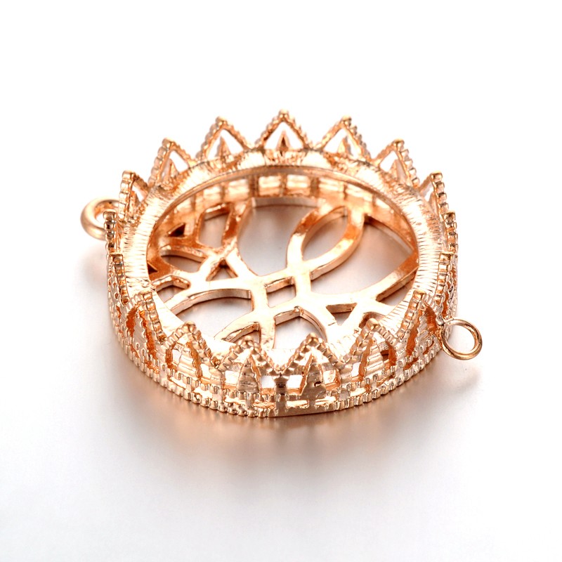 PandaHall Flat Round Brass Filigree Cabochon Connector Settings, Rose Gold, Tray: 25mm; 35x27x8mm, Hole: 2mm Alloy Flat Round