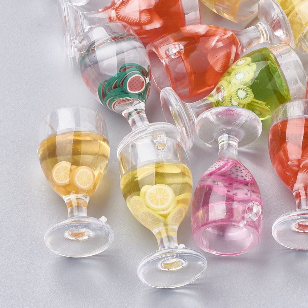 PandaHall Resin Pendants, with Polymer Clay, Goblet, Imitation Fruit Juice, Mixed Color, 37x22.5x19mm, Hole: 2mm Resin Tableware Multicolor