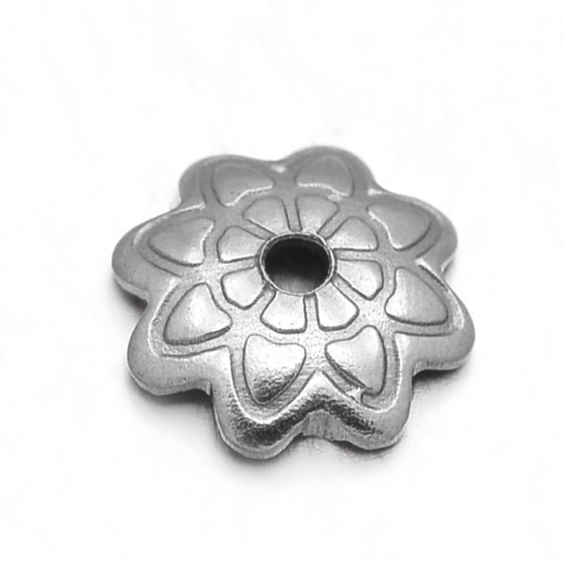 PandaHall More-Petal 304 Stainless Steel Bead Caps, Stainless Steel Color, 8x1.5mm, Hole: 1mm Stainless Steel