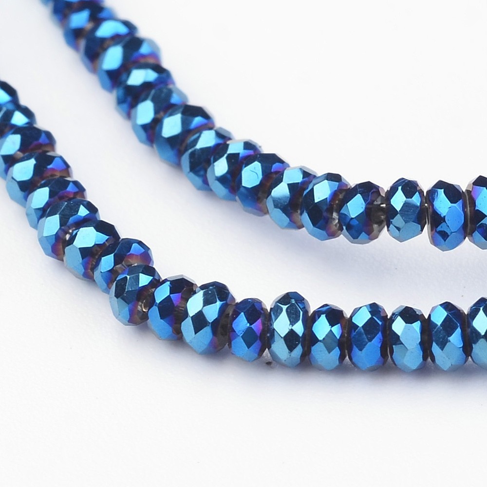 PandaHall Electroplate Glass Beads Strands, Faceted Rondelle, Blue Plated, 3x2mm, Hole: 1mm; about 202pcs/strand, 17'' Glass Rondelle