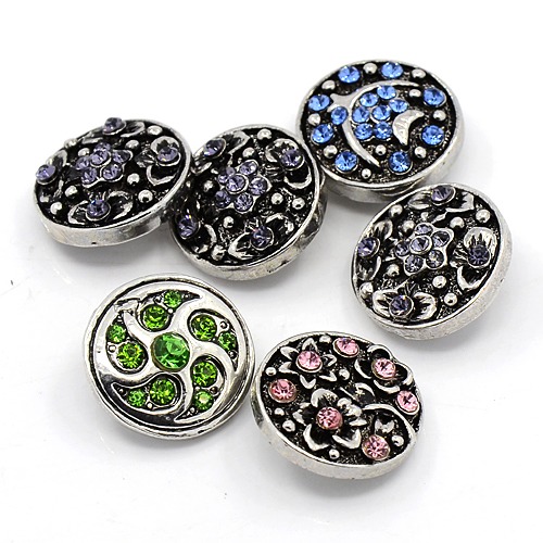 PandaHall Zinc Alloy Jewelry Snap Buttons, with Rhinestone, Flat Round, Mixed Style, Antique Silver, Mixed Color, 20~22x11mm, Knob: 5~5.5mm...