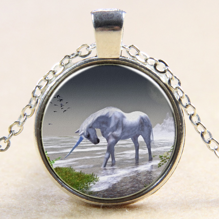 PandaHall Unicorn Pattern Flat Round Glass Pendant Necklaces, with Alloy Chains, Silver, 18" Alloy