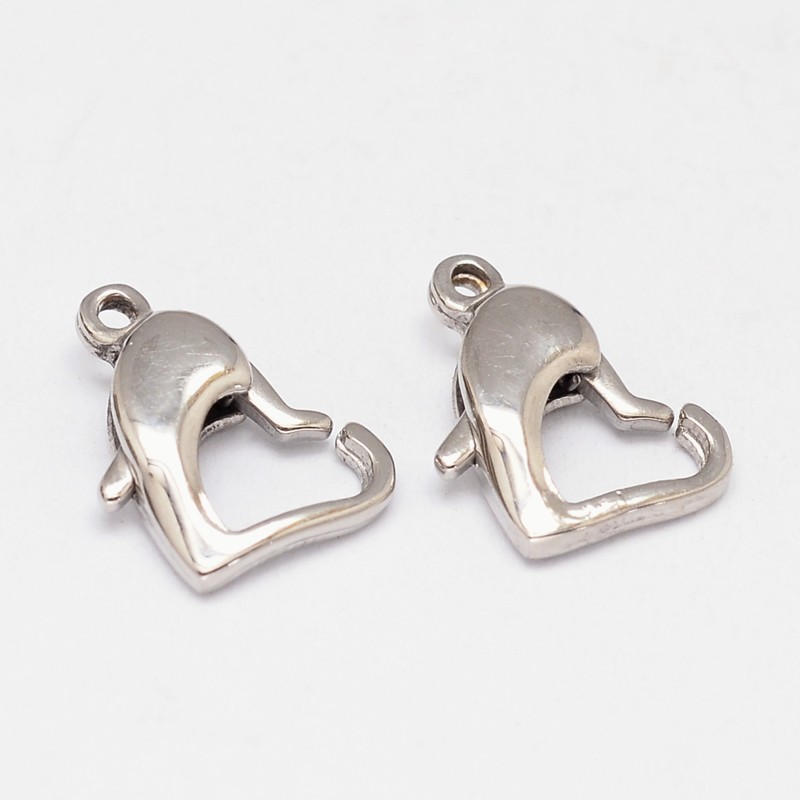 PandaHall 304 Stainless Steel Lobster Claw Clasps, Heart, Stainless Steel Color, 7.5x11x3mm, Hole: 1mm Stainless Steel Heart