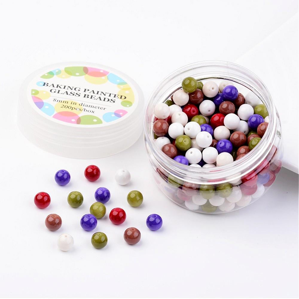 PandaHall Glass Bead Sets, Luster Glass Mix, Environmental, Baking Painted, Round, Dyed, Mixed Color, 8mm, Hole: 0.7~1.1mm; about 200pcs/box...