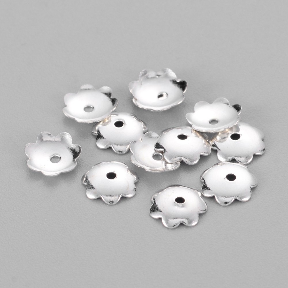 PandaHall Silver Color Brass Flower End Bead Caps, Jewelry Accessories, Size: about 6mm in diameter, hole; 1.2mm; 160pcs/10g Brass Silver