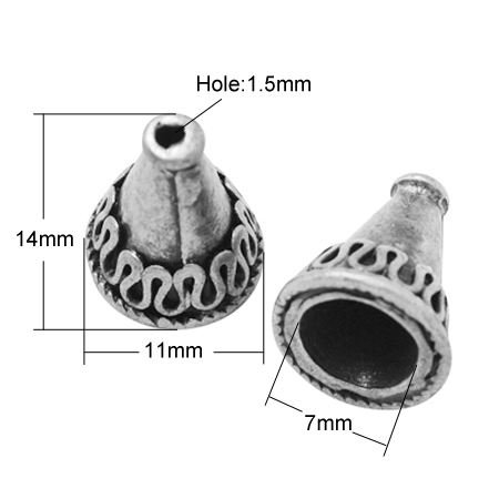 PandaHall Tibetan Style Bead Caps, Lead Free, Cone, Antique Silver, 14x11x11mm Alloy