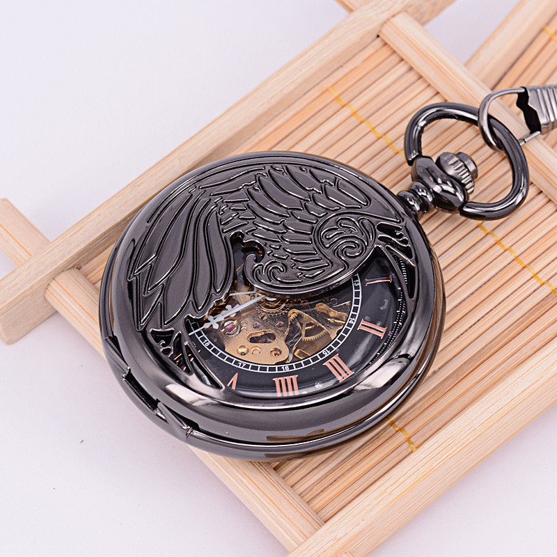 PandaHall Steampunk Jewelry Alloy Flat Round Pendant Mechanical Pocket Watches, with Iron Chains, Gunmetal, 355mm; watch dial: 59x47x14.5mm;...