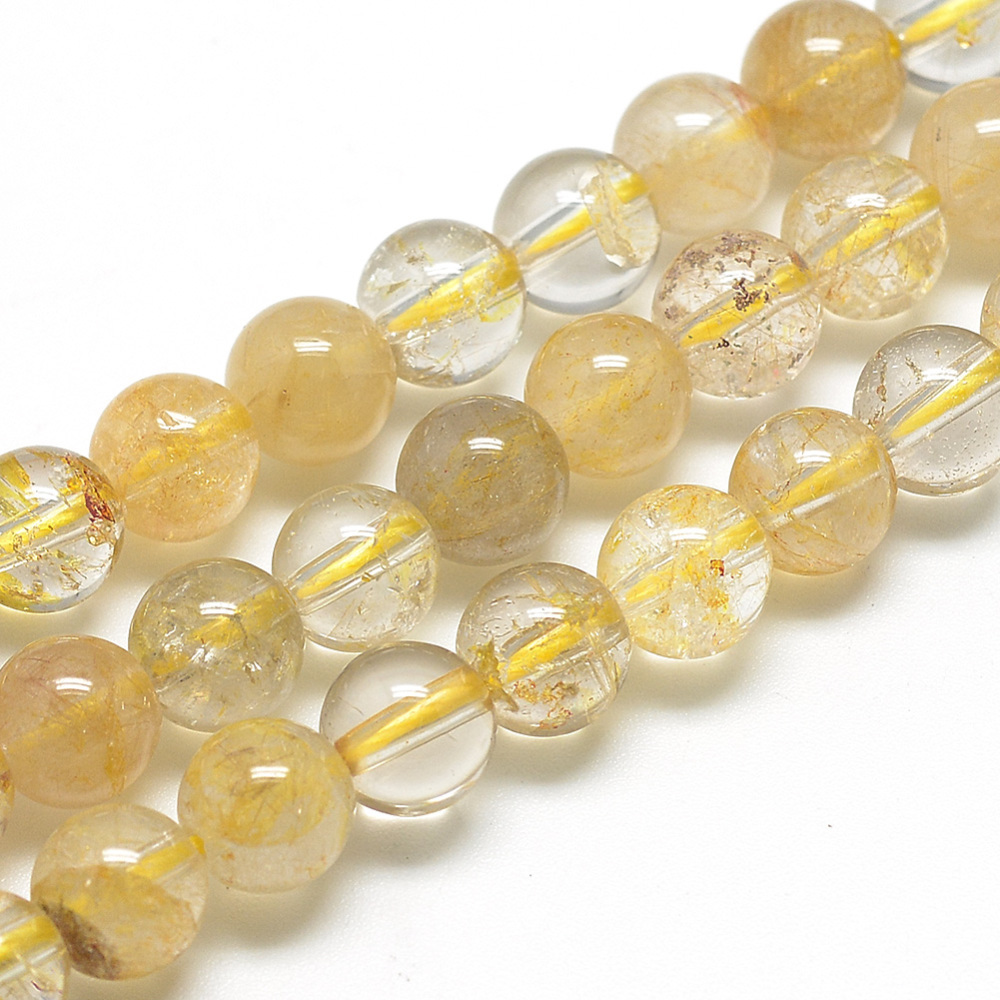 PandaHall Natural Rutilated Quartz Beads Strands, Round, 8mm, Hole: 1mm; about 50pcs/strand, 15.7"(39.8cm) Rutilated Quartz Round