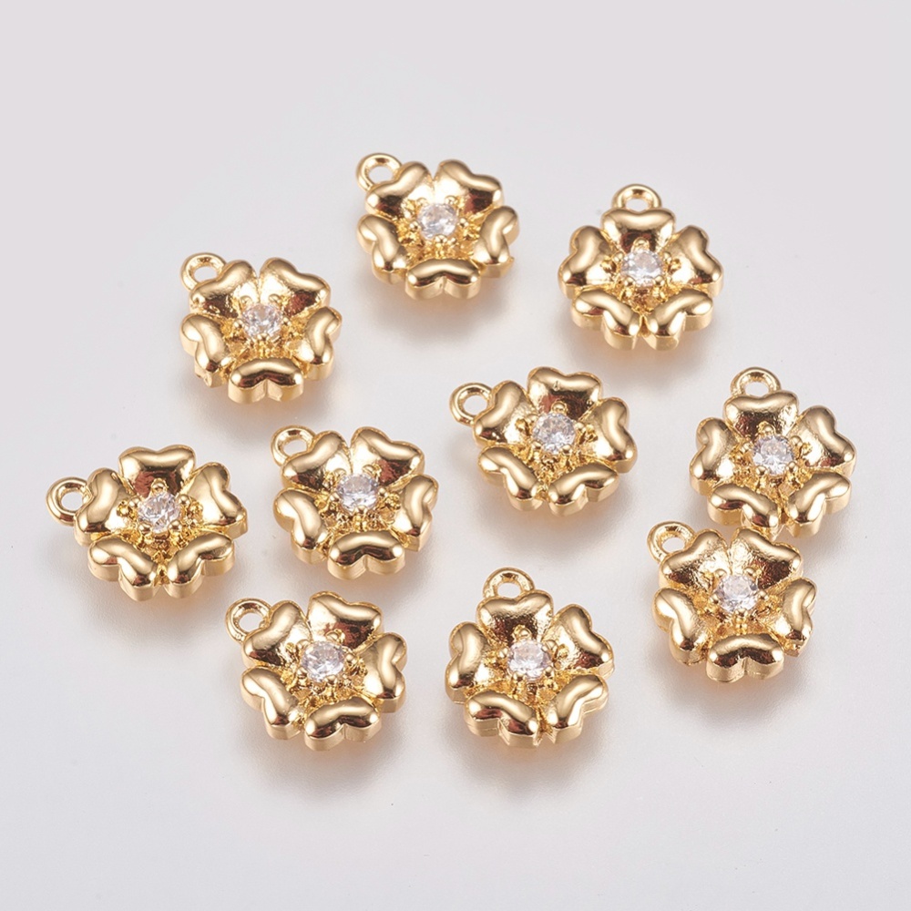 PandaHall Brass Micro Pave Cubic Zirconia Charms, Flower, Real Gold Plated, 10x8.5x2mm, Hole: 1mm Brass+Cubic Zirconia Flower Clear