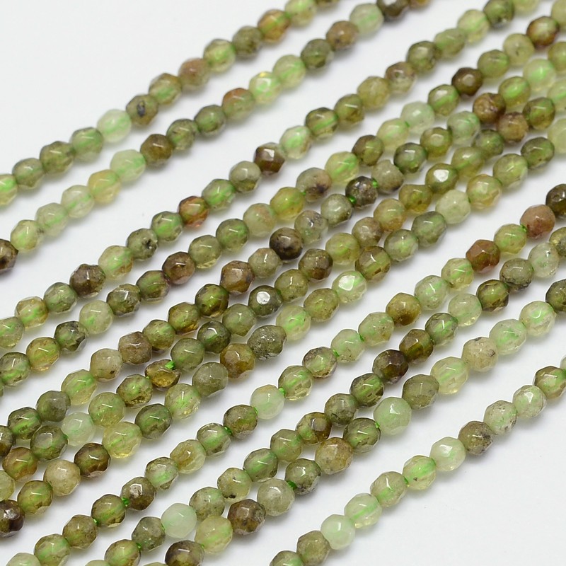 PandaHall Faceted Natural Green Garnet Round Bead Strands, 3mm, Hole: 1mm; about 132pcs/strand, 15.5" Garnet Round Green