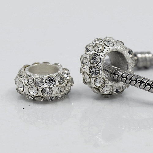 PandaHall Alloy Rhinestone European Beads, Large Hole Beads, Rondelle, Platinum Metal Color, Crystal, 11x6mm, Hole: 5mm Rondelle Clear