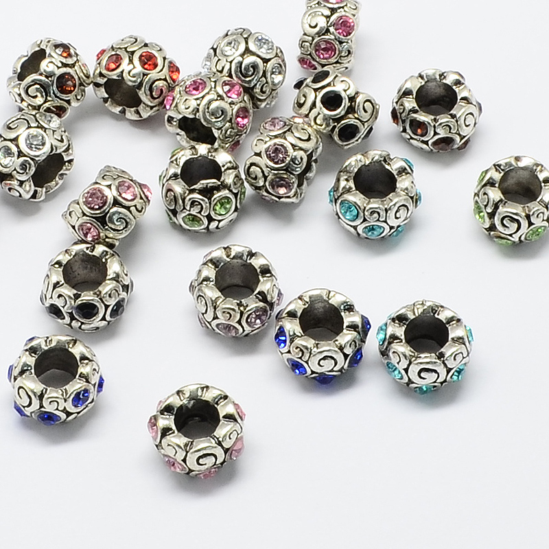 PandaHall Alloy Rhinestone European Beads, Rondelle Large Hole Beads, Antique Silver, Mixed Color, 11x8mm, Hole: 5mm Alloy+Rhinestone...