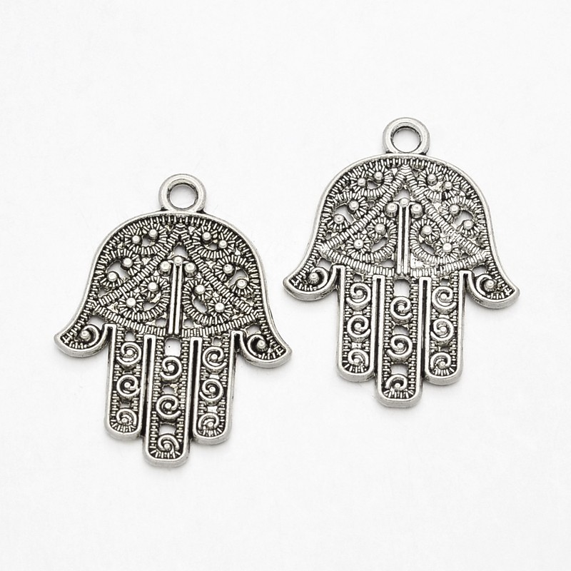 PandaHall Tibetan Style Alloy Hamsa Hand/Hand of Fatima/Hand of Miriam Pendants, Lead Free & Cadmium Free, Antique Silver, 28x22x2mm, Hole...