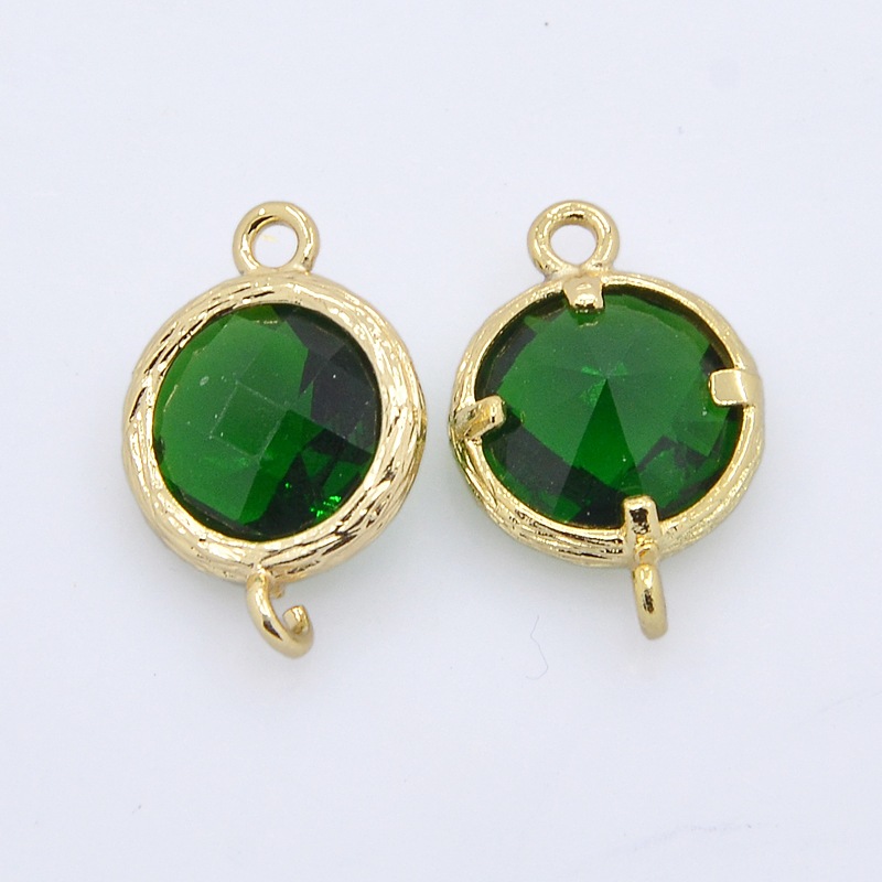 PandaHall Golden Tone Brass Glass Links, Faceted Flat Round, Green, 18x12x6mm, Hole: 1.5mm Glass Flat Round Green