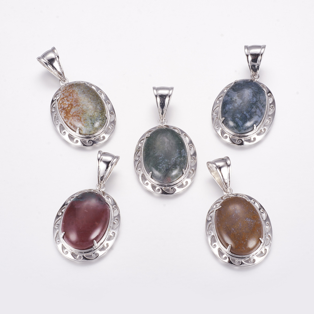 PandaHall Natural Indian Agate Pendants, with Platinum Tone Brass Findings, Oval, Thistle, 43x31.5~32x11~12mm, Hole: 9x15mm Indian Agate...