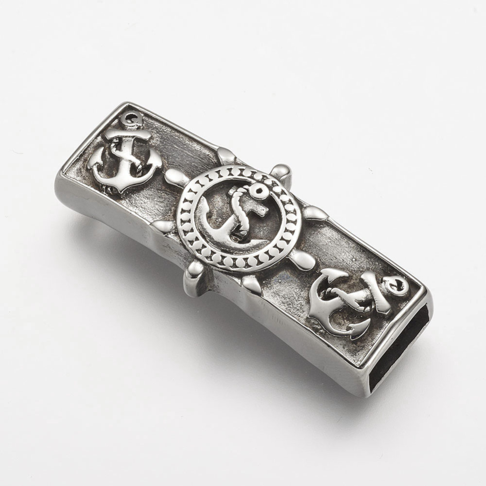 PandaHall 304 Stainless Steel Slide Charms, Rectangle with Anchor & Helm, Antique Silver, 39x17x7mm, Hole: 4x10mm Stainless Steel Rectangle