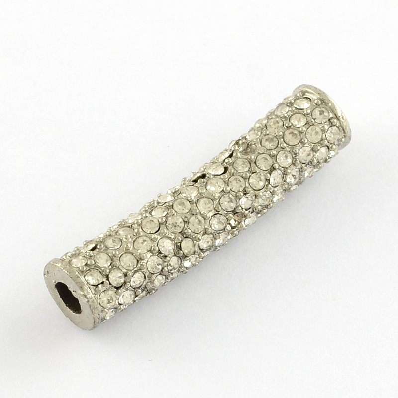 PandaHall Tube Alloy Grade A Rhienstone Tube Beads, Silver Metal Color, Crystal, 38x9mm, Hole: 4mm Alloy+Rhinestone