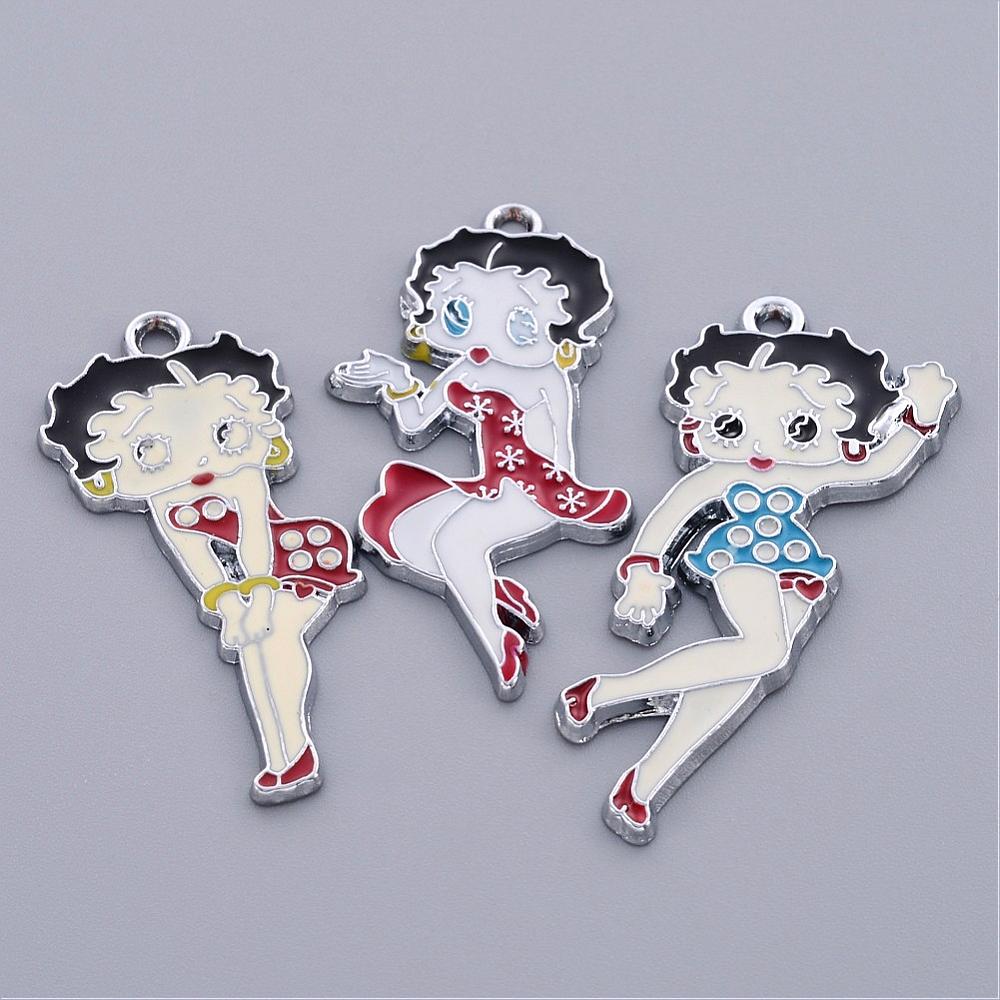 PandaHall Alloy Enamel Pendants, Pretty Girl, Platinum, Mixed Color, about 40~50mm long, 17~24mm wide, 1.5~2mm thick, hole: 2mm Alloy+Enamel...