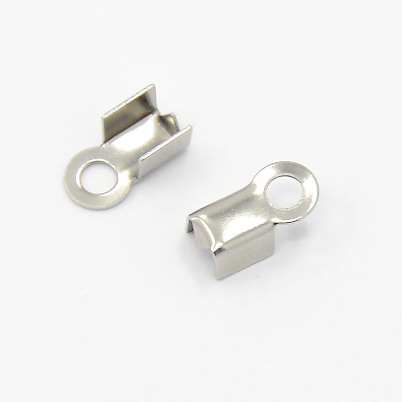PandaHall 304 Stainless Steel Fold Over Crimp Cord Ends, Stainless Steel Color, 8x4x4mm, Hole: 2mm; 3x5mm inner diameter Stainless Steel