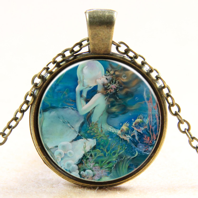 PandaHall Mermaid Pattern Flat Round Glass Pendant Necklaces, with Alloy Chains, Antique Bronze, 18" Glass