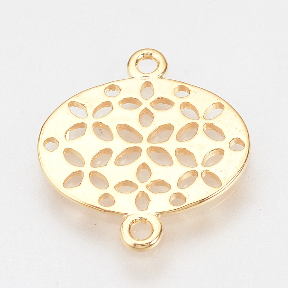 PandaHall Brass Links, Real Gold Plated, Hollow Oval, Golden, 19.5x17x1mm, Hole: 1.5mm Brass Oval