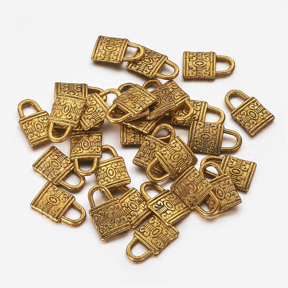 PandaHall Tibetan Style Charms, Lock, Lead Free & Cadmium Free, Antique Golden, about 8mm wide, 12.8mm high, 2mm thick, hole: 3.2mm Alloy...