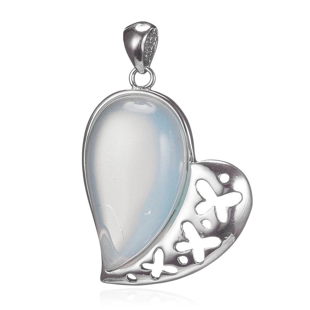 PandaHall Opalite Pendants, with Brass Findings, Heart, Platinum, 40.5x33x9mm, Hole: 4.5x6.5mm Opalite Heart