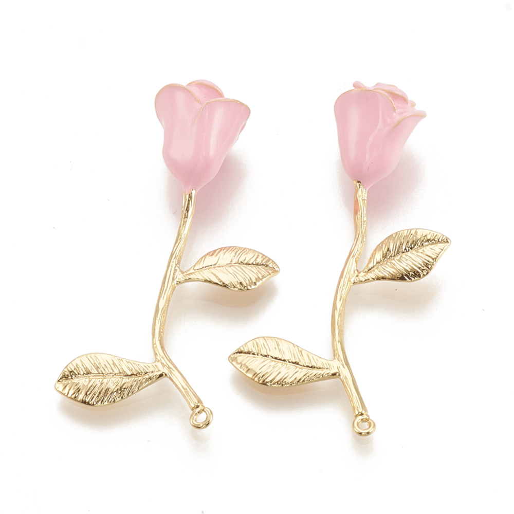 PandaHall Brass Enamel Pendants, Rose, Real Gold Plated, 38x26x9.5mm, Hole: 1mm Flower Pink