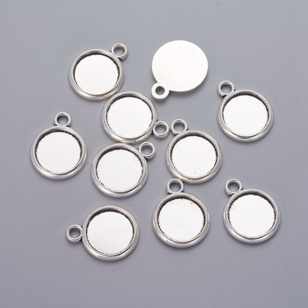 PandaHall Tibetan Style Pendant Cabochon Settings, Lead Free & Nickel Free, Antique Silver, Flat Round Tray: 15mm; 23.5x18.8x2.5mm, Hole...