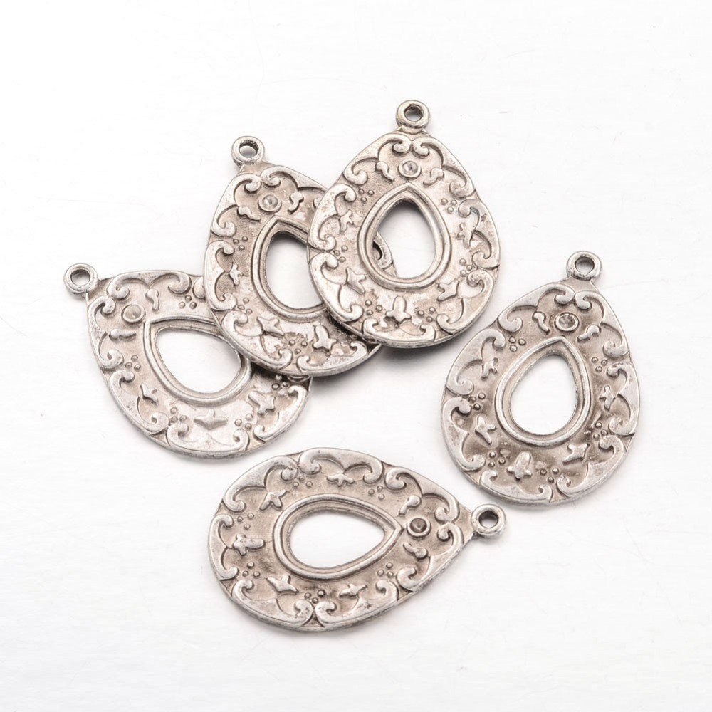 PandaHall Alloy Pendant Cabochon Enamel Settings, Lead Free and Cadmium Free, Drop, Antique Silver, 36.5x24.5x2mm, Hole: 1.5mm; Tray...