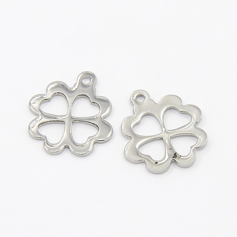 PandaHall 304 Stainless Steel Four Leaf Clover Charms Pendants, Stainless Steel Color, 15x13x1mm, Hole: 1mm Stainless Steel Clover