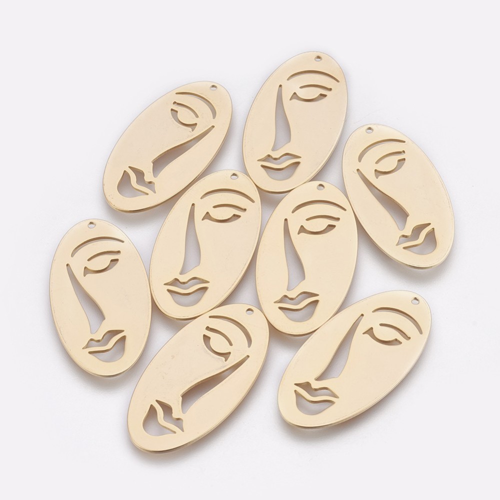 PandaHall Brass Pendants, Long-Lasting Plated, Nickel Free, Oval with Face, Real Gold Plated, 38x19x1mm, Hole: 1mm Brass Oval