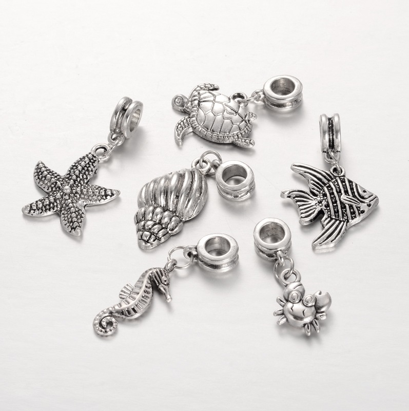 PandaHall Mixed Ocean Theme Tibetan Style Alloy Large Hole European Dangle Beads, Antique Silver, 26~37mm, Hole: 5mm; 6pcs/set Alloy Others