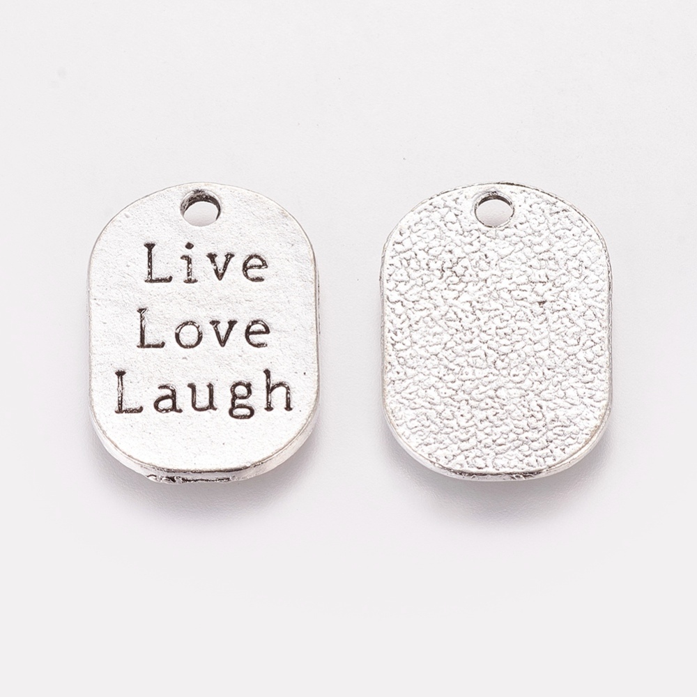 PandaHall Tibetan Style Alloy Flat Oval Carved Affirmation Word Live Love Laugh Pendants, Lead Free , Antique Silver, 26x17.5x1mm, Hole: 3mm...