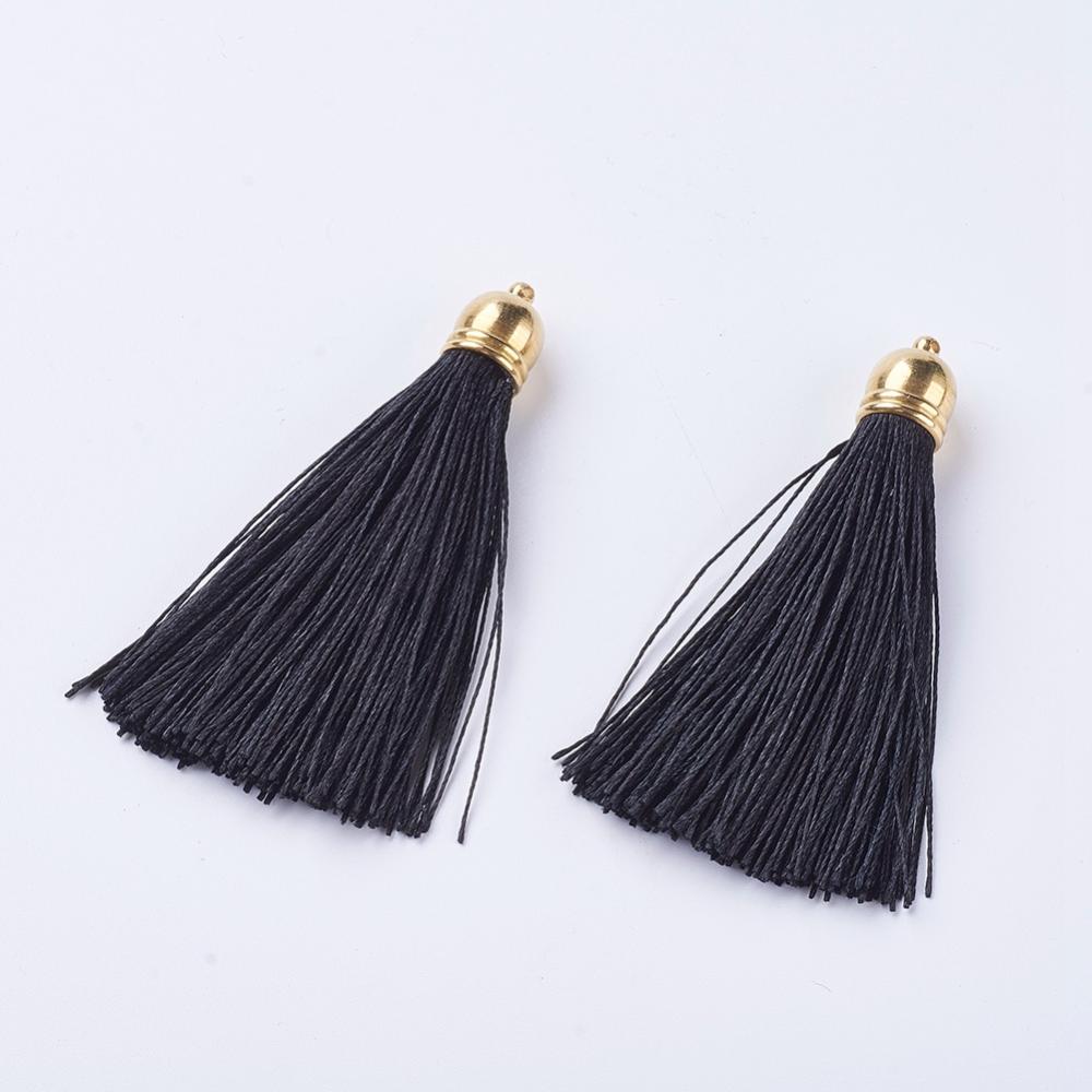 PandaHall Nylon Tassel Big Pendant Decorations, with Brass Findings, Light Gold, Black, 77x12mm, Hole: 1.5mm Nylon Black