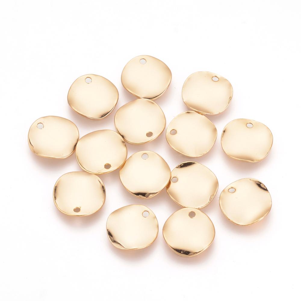 PandaHall Brass Charms, Real Gold Plated, Flat Round, Golden, 12x12x1mm, Hole: 1mm Brass Flat Round