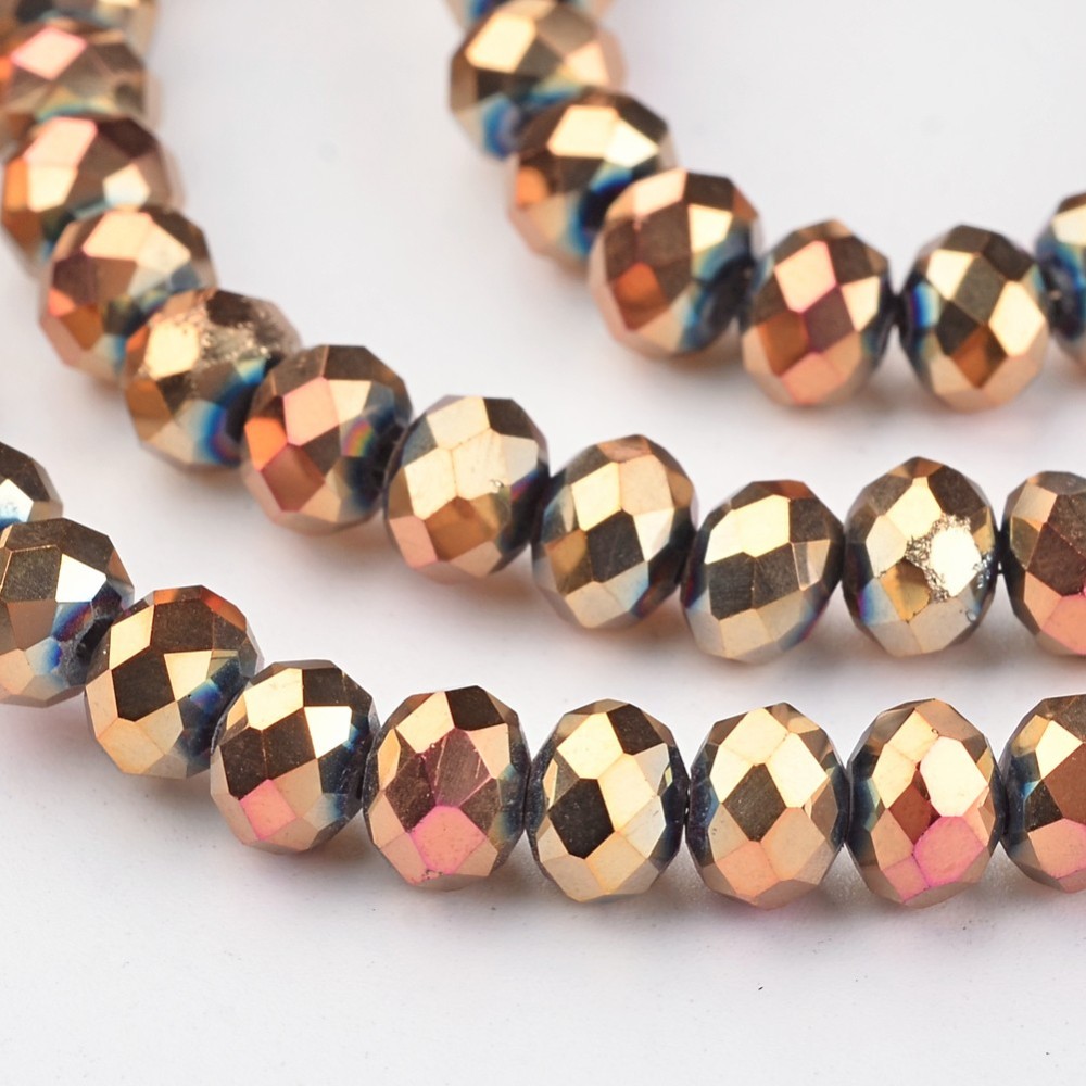 PandaHall Electroplate Glass Beads Strands, Faceted Rondelle, Rose Gold Plated, 6x4mm, Hole: 1mm; about 100pcs/strand, 15.7'' Glass Rondelle