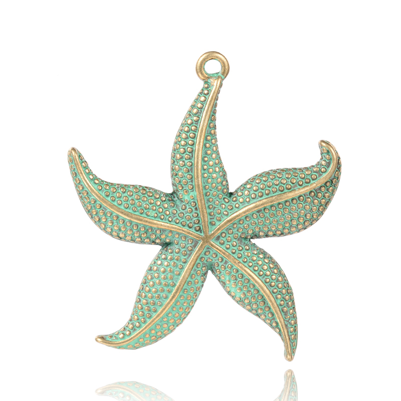 PandaHall Starfish Alloy Pendants, Nickel Free, Antique Bronze & Green Patina, 49x43x3mm, Hole: 2mm Alloy Starfish