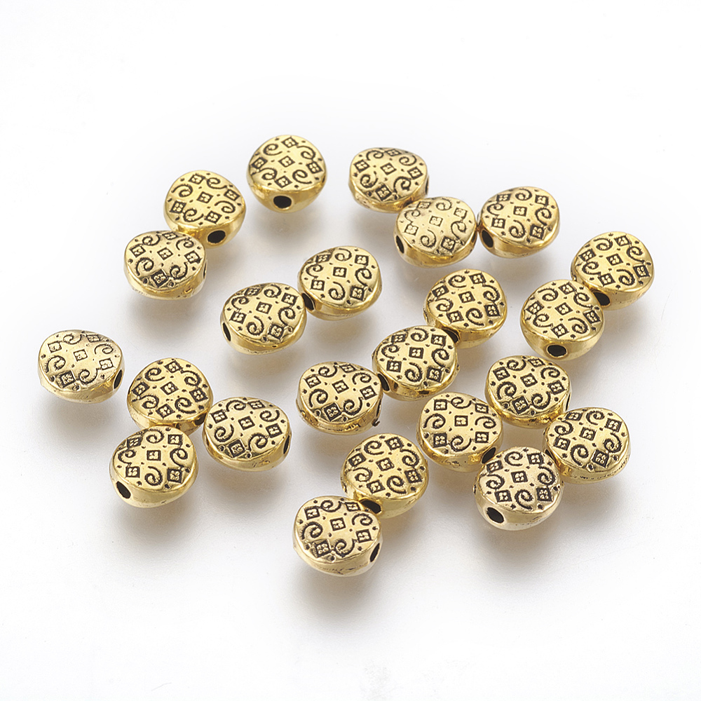 PandaHall Tibetan Style Beads, Lead Free and Cadmium Free, Flat Round, Antique Golden Color, 7x7x3mm, hole: 1.5mm Alloy Flat Round