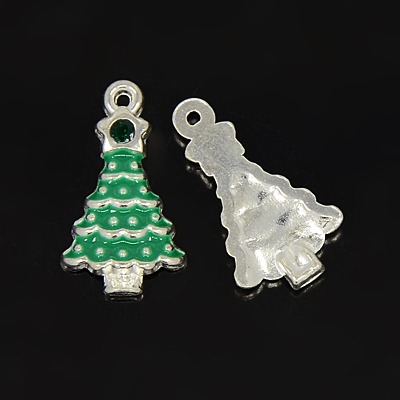 PandaHall Alloy Enamel Pendants, with Rhinestones, Christmas Tree, Green, Silver Color, Green, about 21mm long, 12mm wide, 4mm thick, hole...