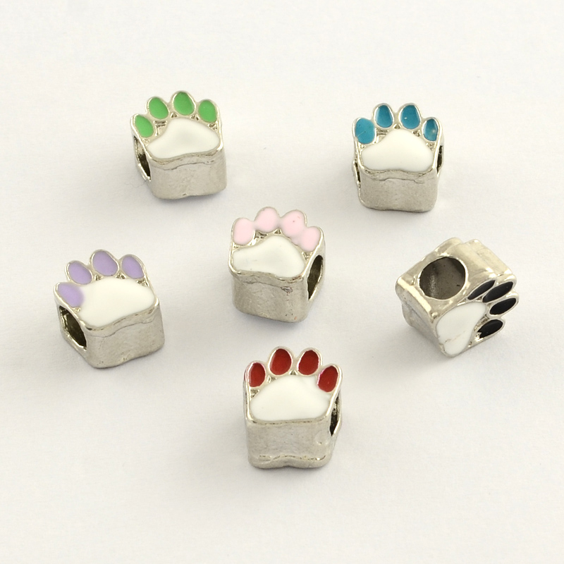 PandaHall Alloy Enamel European Large Hole Beads, Dog Paw Prints, Platinum, Mixed Color, 12x11x8mm, Hole: 5mm Alloy+Enamel Dog Multicolor