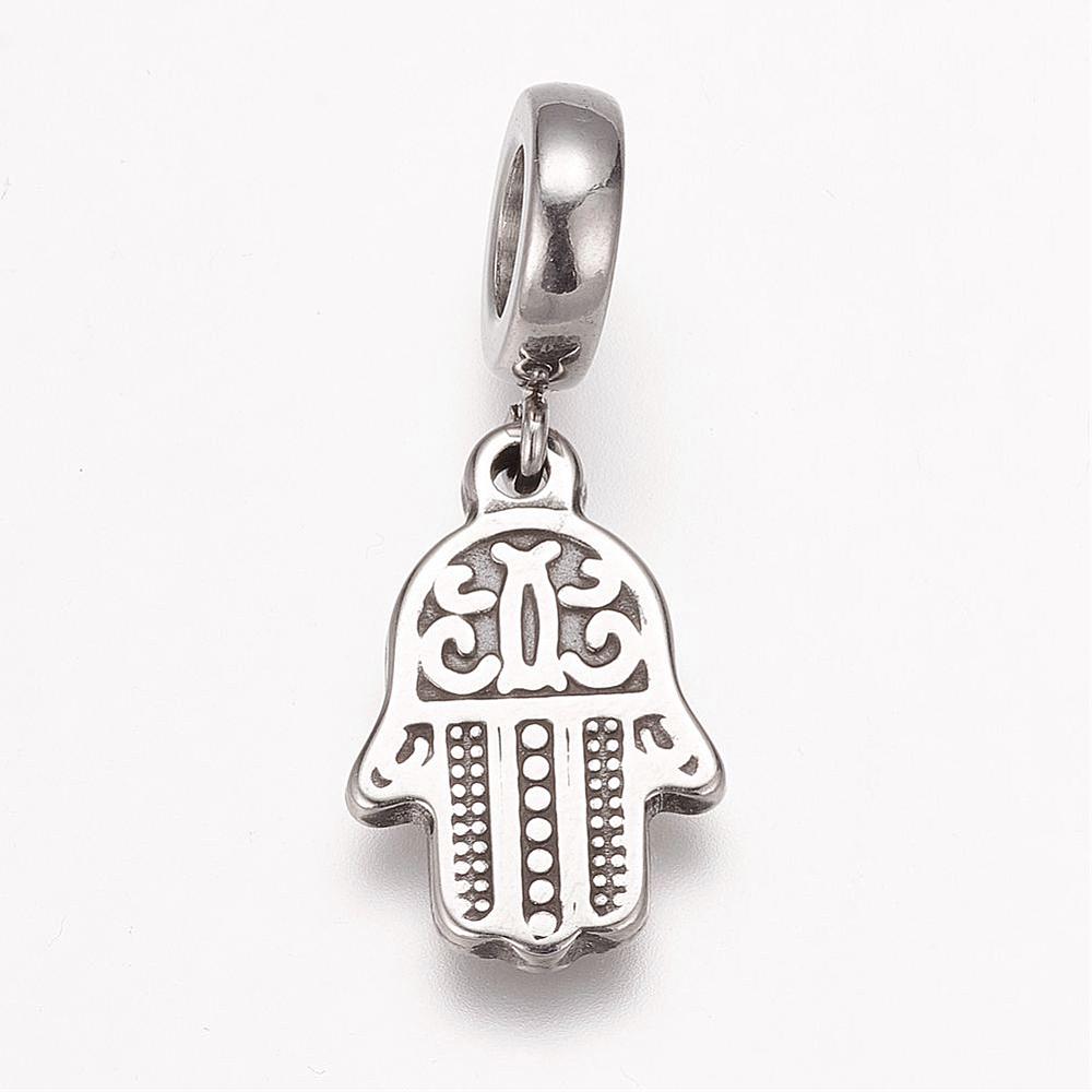 PandaHall 304 Stainless Steel European Dangle Beads, Large Hole Pendants, Hamsa Hand/Hand of Fatima/Hand of Miriam, Stainless Steel Color...