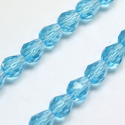 PandaHall Glass Beads Strands, Faceted, Drop, DeepSkyBlue, 12x8mm; Hole: 1mm, about 60pcs/strand, 28.3" Glass Drop Blue
