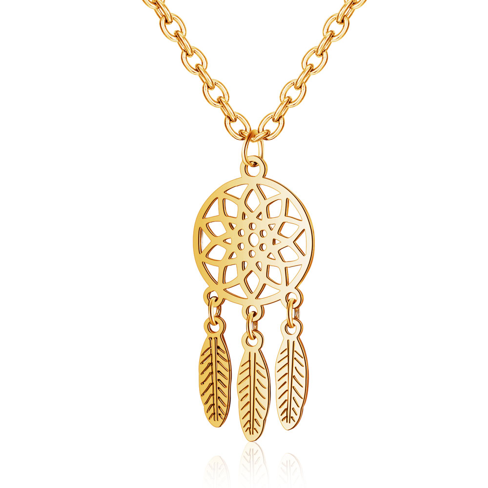 PandaHall 304 Stainless Steel Pendants Necklaces, Flower & Feather, Golden, 16.3''(40cm) Stainless Steel