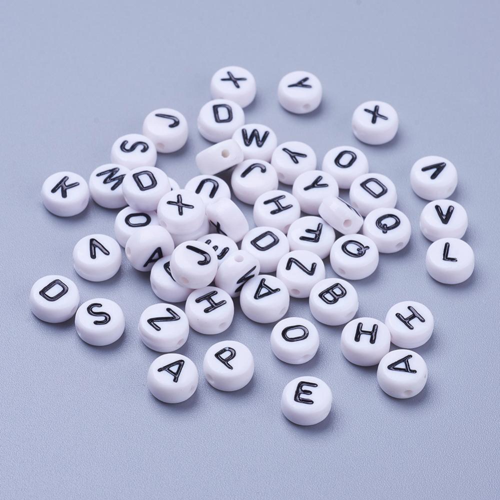 PandaHall White Chunky Letter Acrylic Flat Round Beads for Kids Jewelry, 7x4mm, Hole: 0.5mm Acrylic Flat Round White