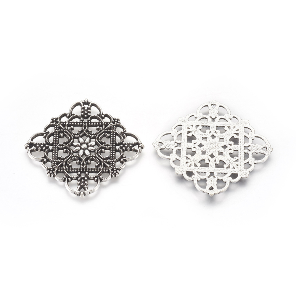 PandaHall Tibetan Style Filigree Joiners, Lead Free, Rhombus, Antique Silver, 36x36x1mm, Hole: 1mm Alloy Rhombus